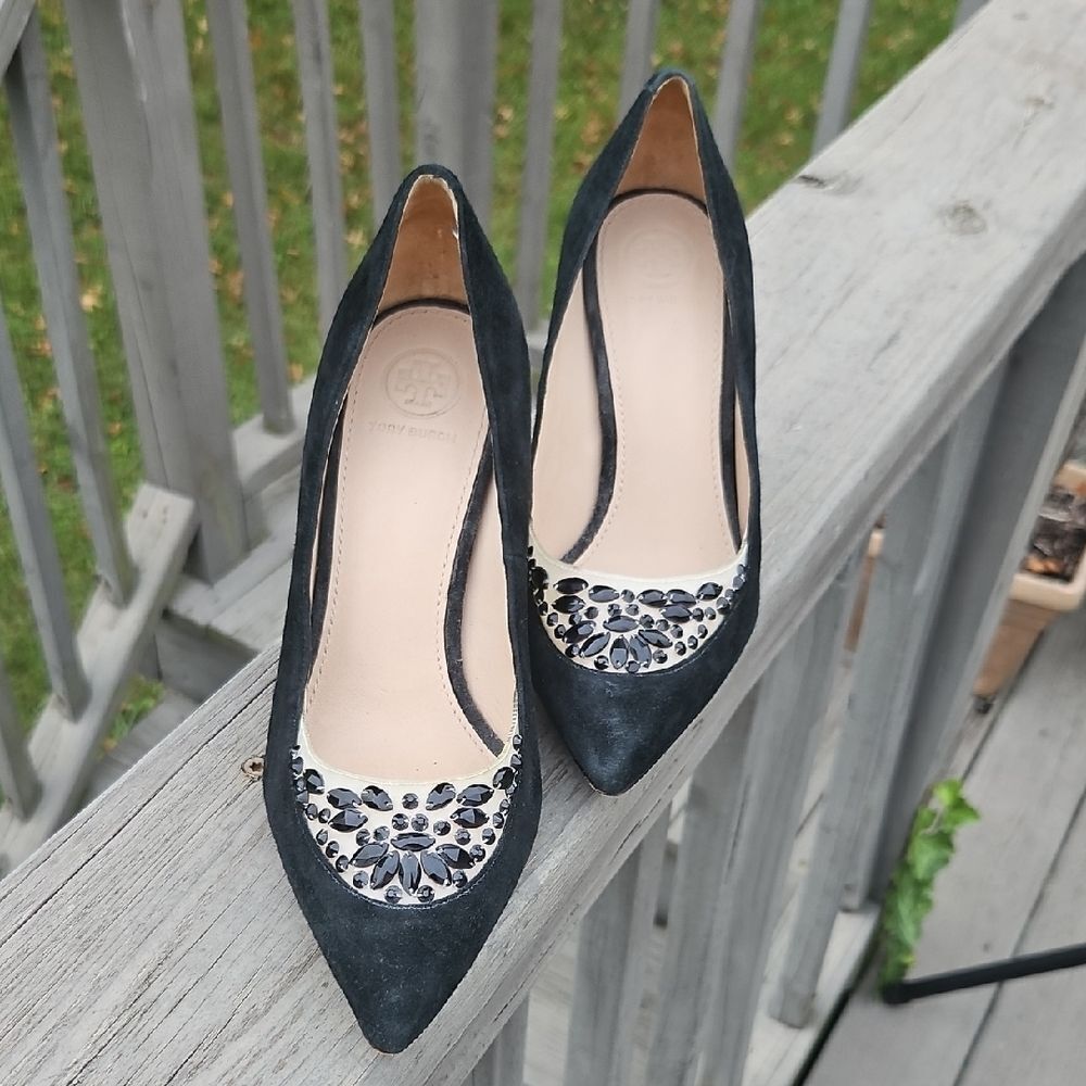 Tory Burch Delphine Rhinestone Heels – Black Suede, Size 7 ✨